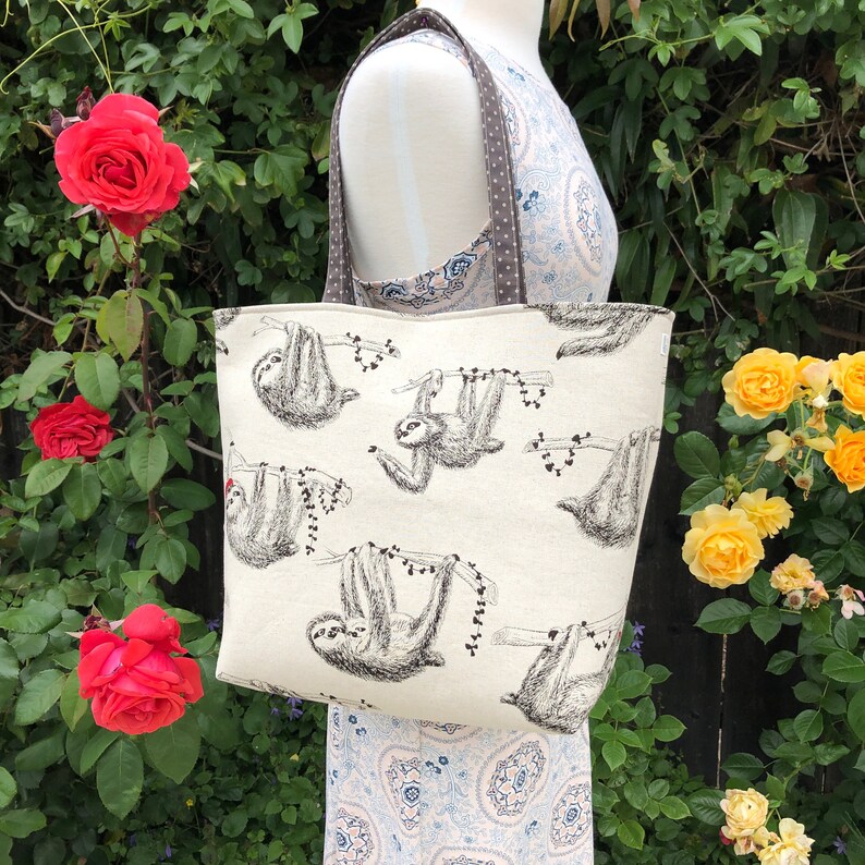 Overnight Travel Carryall Purse Shoulder Project Bag Sloths Wearing Berets Baby Sloths Sloth Tote Bag Handmade Japanese Sloths Fabric