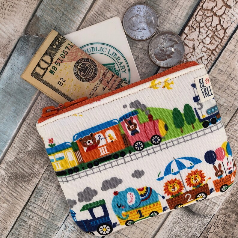 Kid Gift Zippered Kids Change Wallet Card Holder Earbuds Case Coin Purse with Zoo Train Handmade Bunnies Bears Zipper Mini Pouch Bag