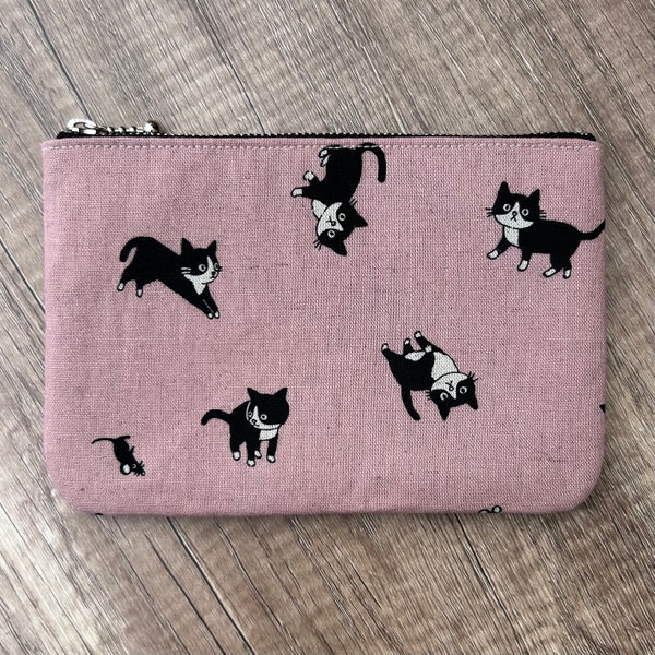 Tuxedo Cats Coin Purse Black & White Japanese Cat Fabric Mini Makeup Zippered Pouch Zipper Wallet Card Holder Travel Bag Phone Passport Case