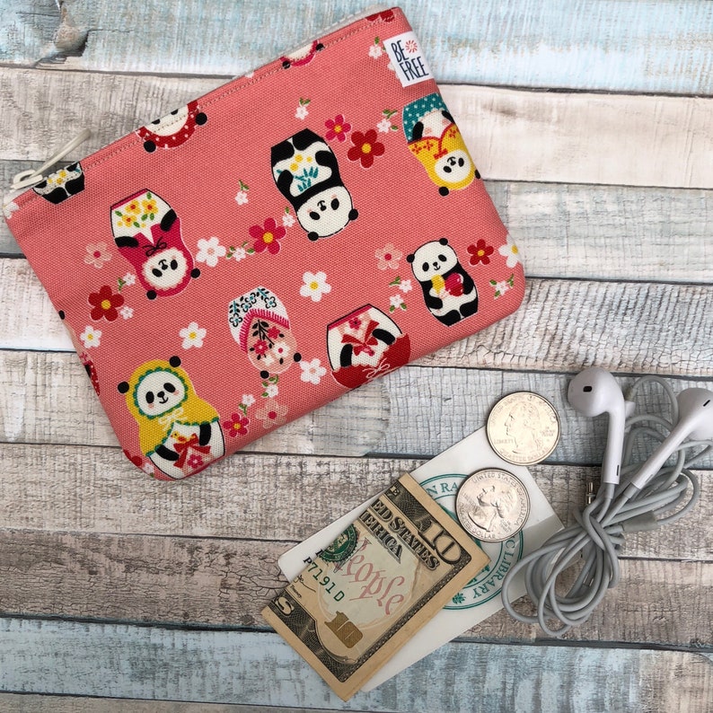 Coin Purse with Pandas and Matryoshka Dolls Mini Pouch Handmade Zippered Change Wallet Bag Gift Card Holder Zipper Earbuds Case Panda Lover