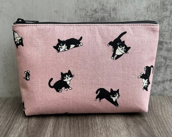 Tuxedo Cats Makeup Bag, Black & White Cat Fabric Handmade Zipper Pouch, Toiletries Cosmetic Case, Zippered Travel Clutch, Cat Lover Mom Gift