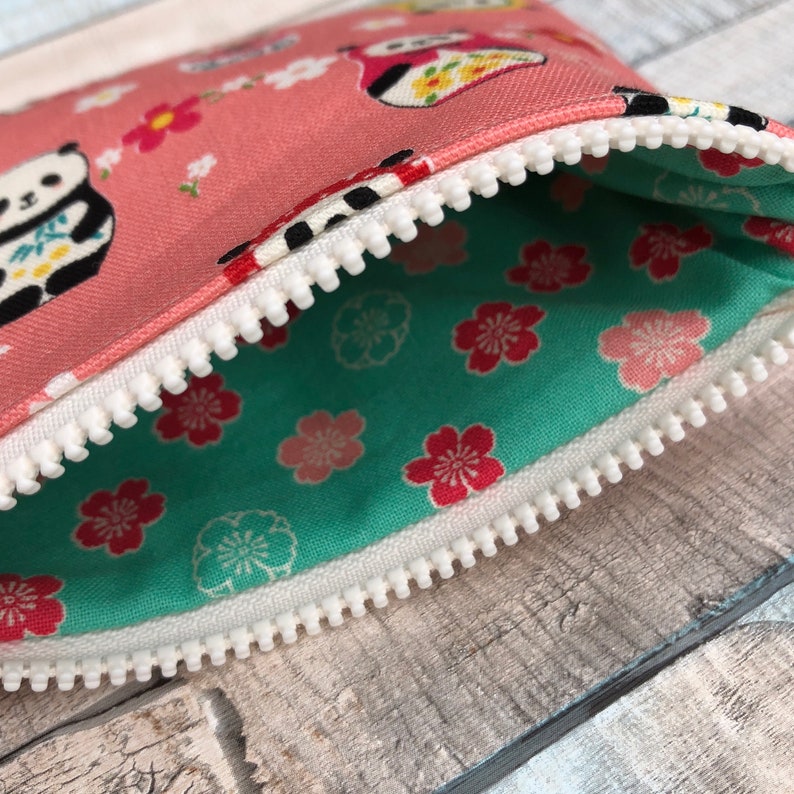 Coin Purse with Pandas and Matryoshka Dolls Mini Pouch Handmade Zippered Change Wallet Bag Gift Card Holder Zipper Earbuds Case Panda Lover