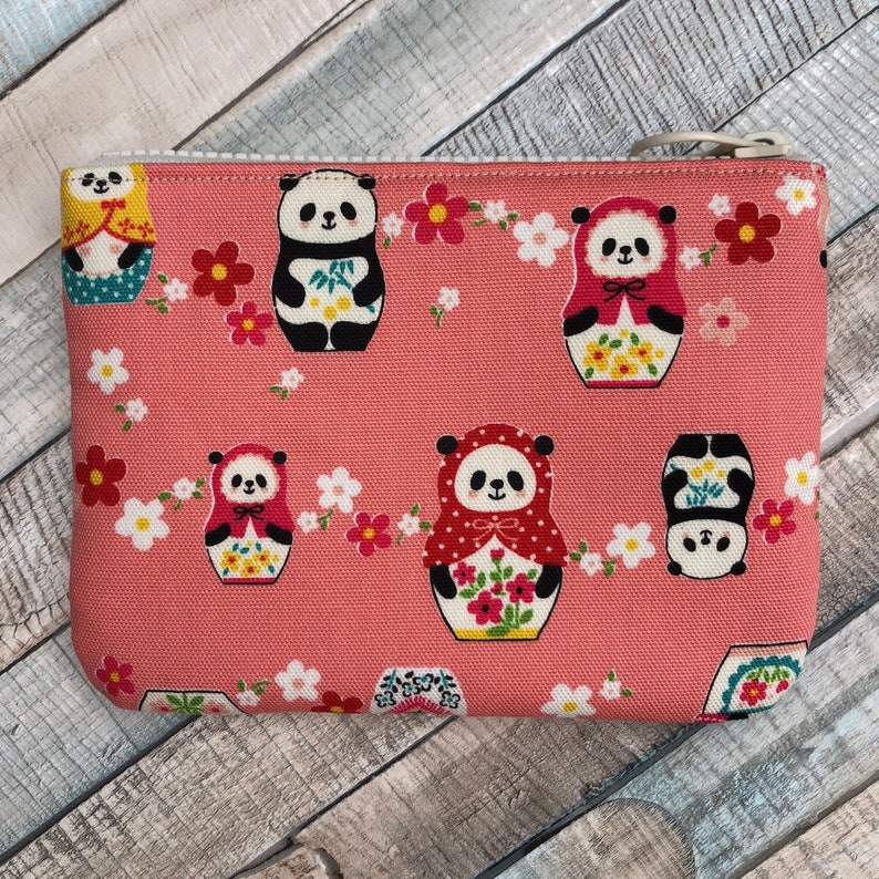 Coin Purse with Pandas and Matryoshka Dolls Mini Pouch Handmade Zippered Change Wallet Bag Gift Card Holder Zipper Earbuds Case Panda Lover