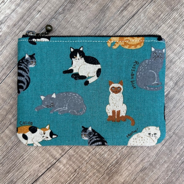 Cat Lover Coin Purse Handmade Japanese Kawaii Cats Fabric Zipper Mini Pouch Zippered Change Bag, Wallet Earbud AirPod Case Gift Card Holder