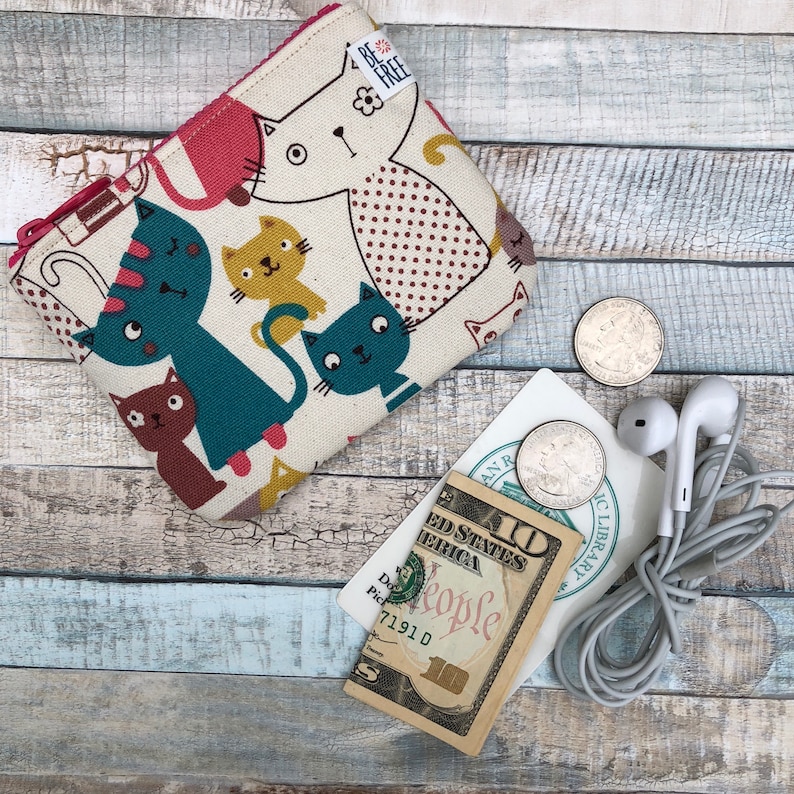 Gift Card Holder Zipper Makeup Earbuds Case Change Bag Handmade Fabric Zippered Wallet Cat Lover Coin Purse with Quirky Cats and Kittens
