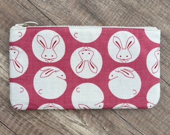 Bunnies Pencil Case, Handmade Bunny Rabbit Japanese Fabric Zippered Pen Case, Zipper Ouch Pouch, Makeup Bag, Bunny Lover Gift