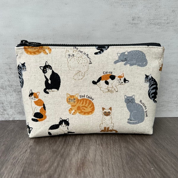 Cat Lover Makeup Bag, Handmade Japanese Kawaii Purring Cats Fabric Zipper Pouch Zippered Cosmetic Case Toiletry Travel Clutch Cat Lover Gift