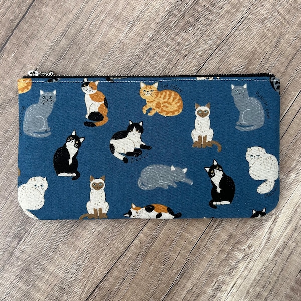 Cats Pencil Case, Handmade Japanese Kawaii Cat Lover Fabric Zippered Pen Case, Zipper Ouch Pouch, Makeup Bag, Notions Brushes Cat Lover Gift