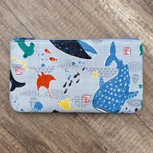 Sea Life Pencil Case, Handmade Japanese Ocean Fabric, Whale, Shark, Octopus, Zippered Pen Case, Zipper Ouch Pouch, Makeup Bag, Notions