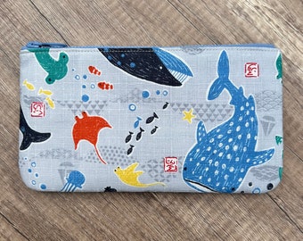 Sea Life Pencil Case, Handmade Japanese Ocean Fabric, Whale, Shark, Octopus, Zippered Pen Case, Zipper Ouch Pouch, Makeup Bag, Notions