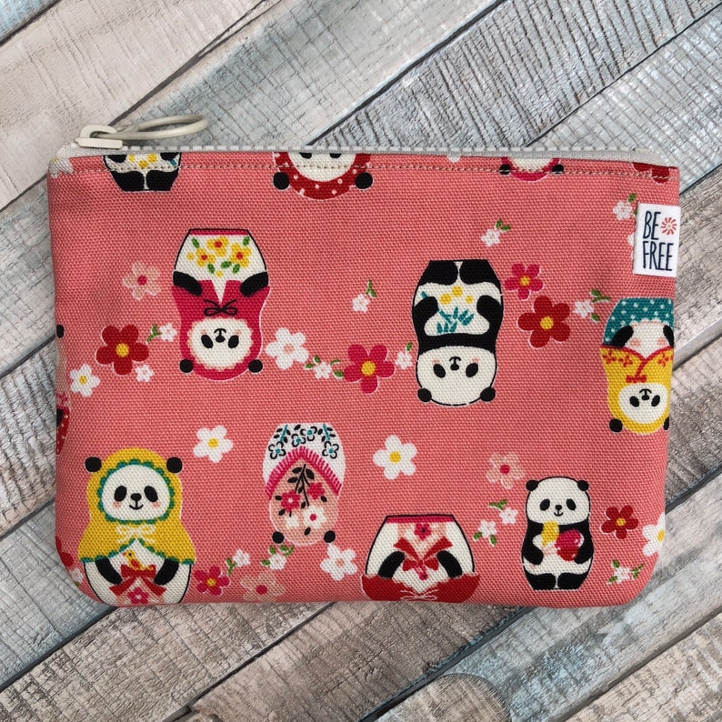 Coin Purse with Pandas and Matryoshka Dolls Mini Pouch Handmade Zippered Change Wallet Bag Gift Card Holder Zipper Earbuds Case Panda Lover