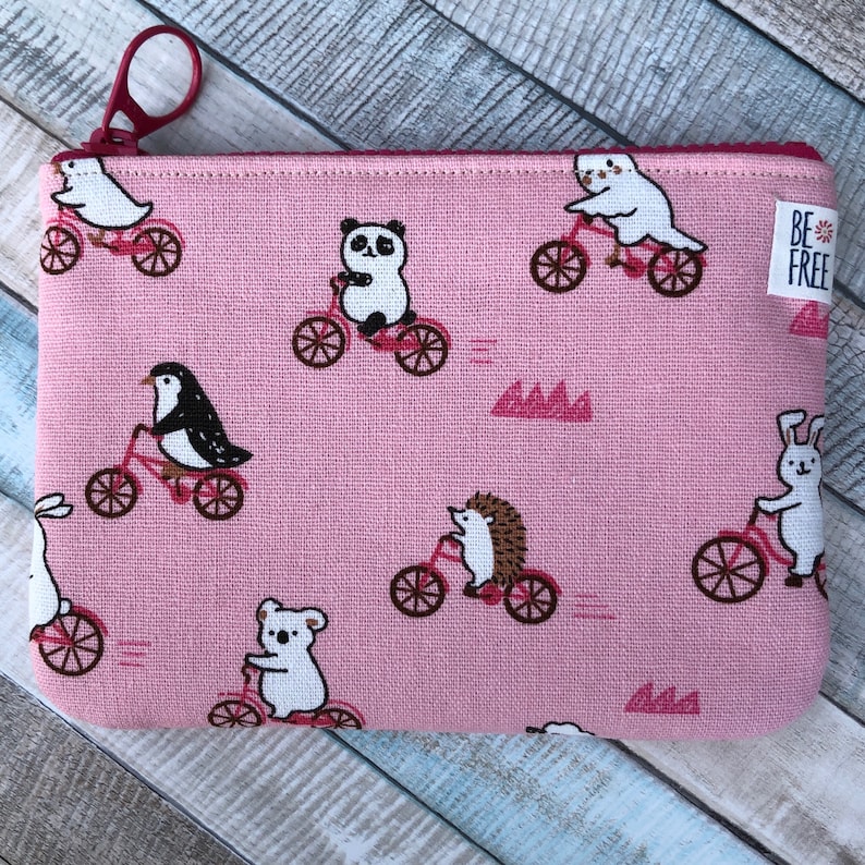 Zipper Earbuds Case Bag Coin Purse with Animals on Bikes Mini Pouch Bird Bear Cat Hedgehog Bunny Card Holder Zippered Change Wallet