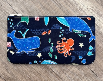 Sea Life Pencil Case, Handmade Japanese Ocean Fabric, Whale, Shark, Octopus, Zippered Pen Case, Zipper Ouch Pouch, Makeup Bag, Notions