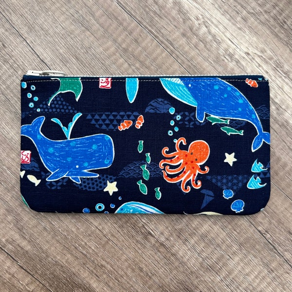 Sea Life Pencil Case, Handmade Japanese Ocean Fabric, Whale, Shark, Octopus, Zippered Pen Case, Zipper Ouch Pouch, Makeup Bag, Notions