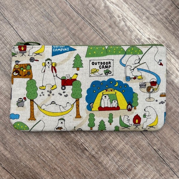 Outdoor Camp Pencil Case, Handmade Japanese Kawaii Polar Bears and Penguins Camping Fabric Zipper Pouch, Zippered Pen Case, Boys Girls Kids