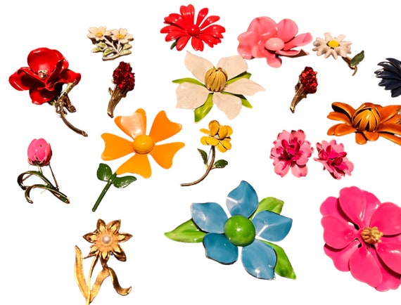 19 vintage flower pins/brooches lot and one pair … - image 1