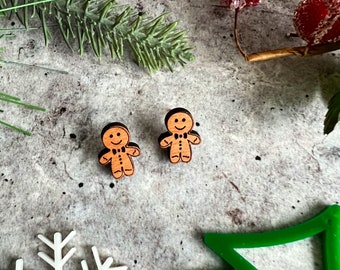 Gingerbread Man Stud Earrings Festive Wood Earrings Christmas Earrings Holiday Earrings