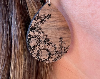 Sunflower Wood Floral Laser Cut Earrings Wood Earrings
