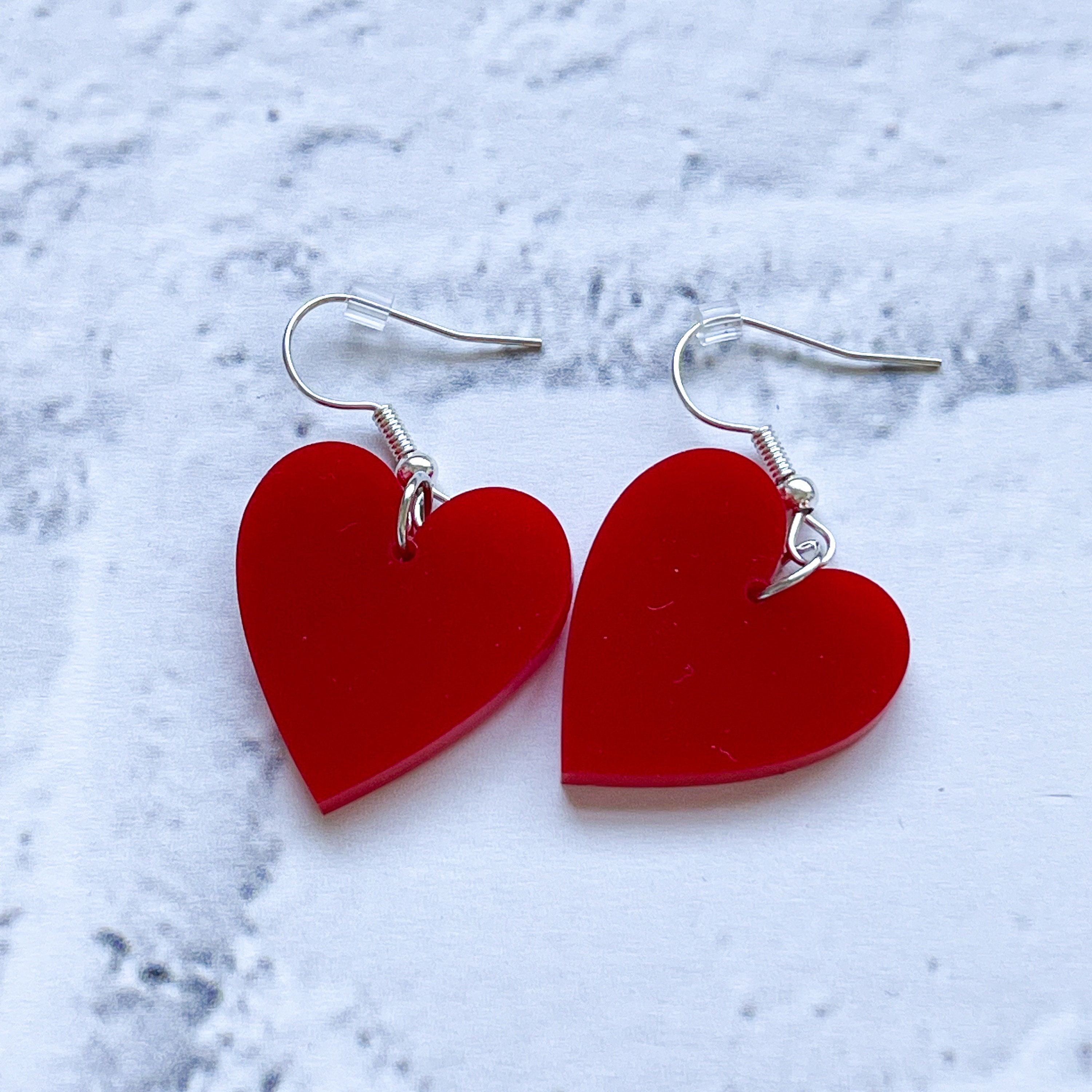 Red heart earrings Valentines Day earrings dangle jewelry 1 5/8