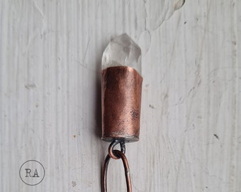 QUARTZ copper necklace with natural raw stone, ethnic jewelry handmade in Poland. Long thick cotton strap, unisex jewelry