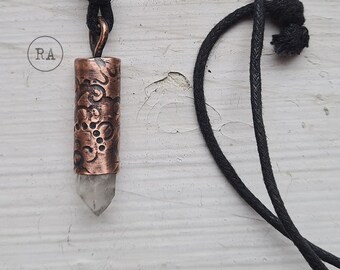 QUARTZ copper necklace with natural raw stone, ethnic jewelry handmade in Poland. Long thick cotton strap, unisex jewelry