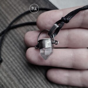 Quartz necklace, dark sterling silver, pendant on cotton strap, raw crystal, handmade amulet of good energy, Q23126 zdjęcie 4