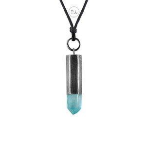 Aqua Aura Quartz necklace sterling silver oxidized necklace, raw rock crystal and silver, handmade, amulet of good energy, natural mineral