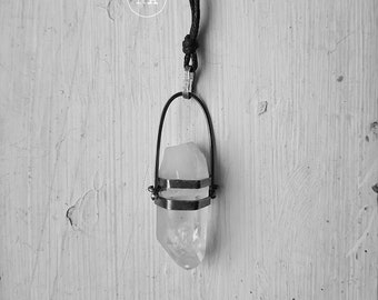 Quartz necklace, dark sterling silver, pendant on cotton strap, raw crystal, handmade amulet of good energy, Q23128