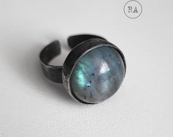 Labradorite and sterling silver ring oxidized silver | artisan jewelry from Poland, handmade silver ring, adjustable, natural stone