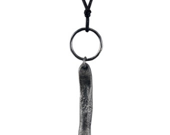 RA STICK 1 - Sterling silver oxidized necklace boho style, artisan jewelry from Poland, oxidized ball pendant on cotton strap, dark silver