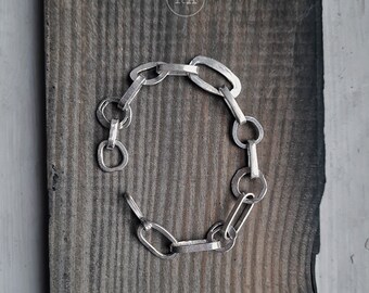 Sterling silver bracelet, hand forged, hammered, massive handforged chain made of sterling silver, primitive ethnic jewelry