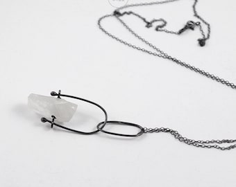 Quartz necklace, dark sterling silver, pendant on cotton strap, raw crystal, handmade amulet of good energy, Q23122