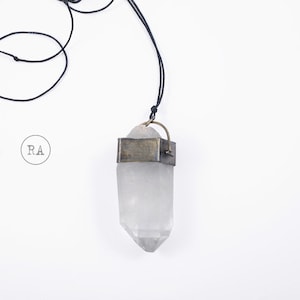 Quartz necklace Q2140, brass handmade, pendant on cotton cord, raw rough rock crystal, handmade amulet of good energy, giant necklace