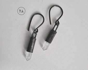 QUARTZ and sterling silver oxidized hammered earrings, natural quartz,raw jewelry,rough hand forged BARBARIANS 13 talisman amulet