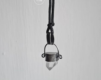 Quartz necklace, dark sterling silver, pendant on cotton strap, raw crystal, handmade amulet of good energy, Q23126