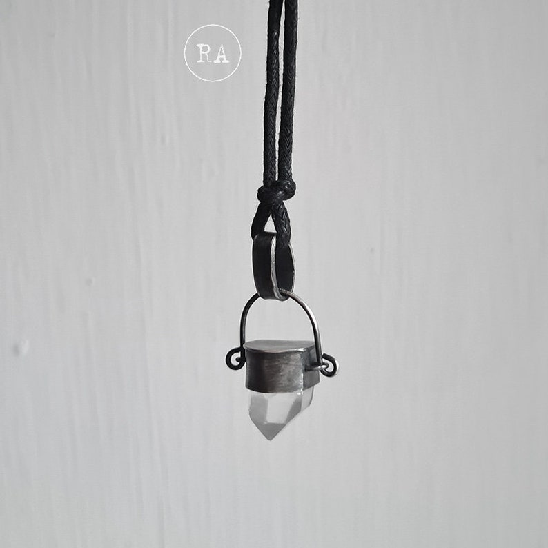 Quartz necklace, dark sterling silver, pendant on cotton strap, raw crystal, handmade amulet of good energy, Q23126 zdjęcie 1