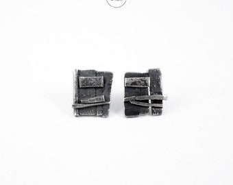 Sterling silver oxidized hammered uneven earrings WALL - uneven art jewelry from Poland, handmade silver artisan earrings