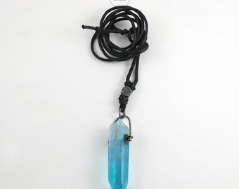 Aqua Aura Quartz necklace sterling silver oxidized necklace, raw rock crystal and silver, handmade, amulet of good energy, natural mineral