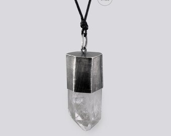 Quartz necklace, dark sterling silver, pendant on chain, raw rough rock crystal, handmade amulet of good energy, Q2351 giant necklace