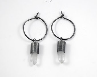 QUARTZ and sterling silver oxidized hammered earrings, natural quartz,raw jewelry,rough hand forged QK2201 Loops Hooks Circles