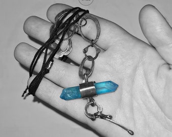 Aqua Aura Quarz Halskette oxidierte Silberkette, roher Bergkristall und Silber, handgemacht, Amulett der guten Energie, natürliches Mineral