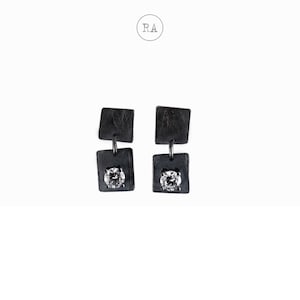 SHINE sterling silver oxidized hammered uneven earrings, oxidized uneven art jewelry from Poland, handmade artisan, zirconia white color