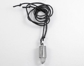Quartz necklace, dark sterling silver, pendant on cotton strap, raw crystal, handmade amulet of good energy, Q23112