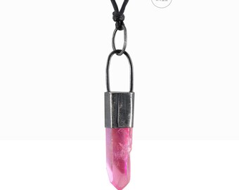 Pink Aura Quartz Halskette, Sterling Silber oxidierte Halskette, roher Bergkristall und Silber, handgefertigt, Amulett der guten Energie, natürliches Mineral