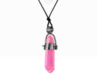 Pink Aura Quartz Halskette, Sterling Silber oxidierte Halskette, roher Bergkristall und Silber, handgefertigt, Amulett der guten Energie, natürliches Mineral