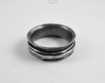 Silver SPINNER RING - any size handmade, hammered, oxidized artisan hand forged jewelry, spinning elements