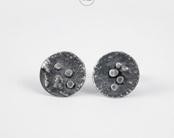 MOON sterling silver oxidized hammered studs earrings, oxidized hand forged artisan jewelry from Poland, dark studs hand forged space theme