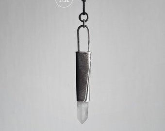 Quartz necklace, dark sterling silver, pendant on cotton strap, raw crystal, handmade amulet of good energy, Q23127