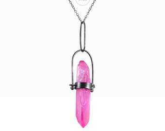 Pink Aura Quartz necklace sterling silver oxidized necklace, raw rock crystal and silver, handmade, amulet of good energy, natural mineral