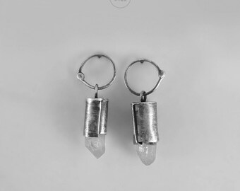 QUARTZ Sterling silver oxidized hammered uneven earrings, natural quartz, hammered, raw jewelry rough hand forged Q23111